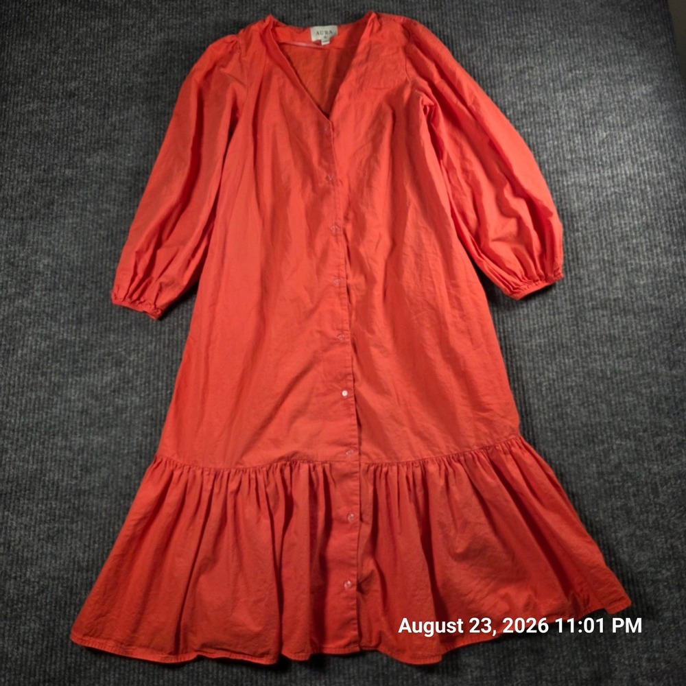 Aura Womens XS Coral Orange Button Front Long Balloon Sleeve Ruffle Midi Dress